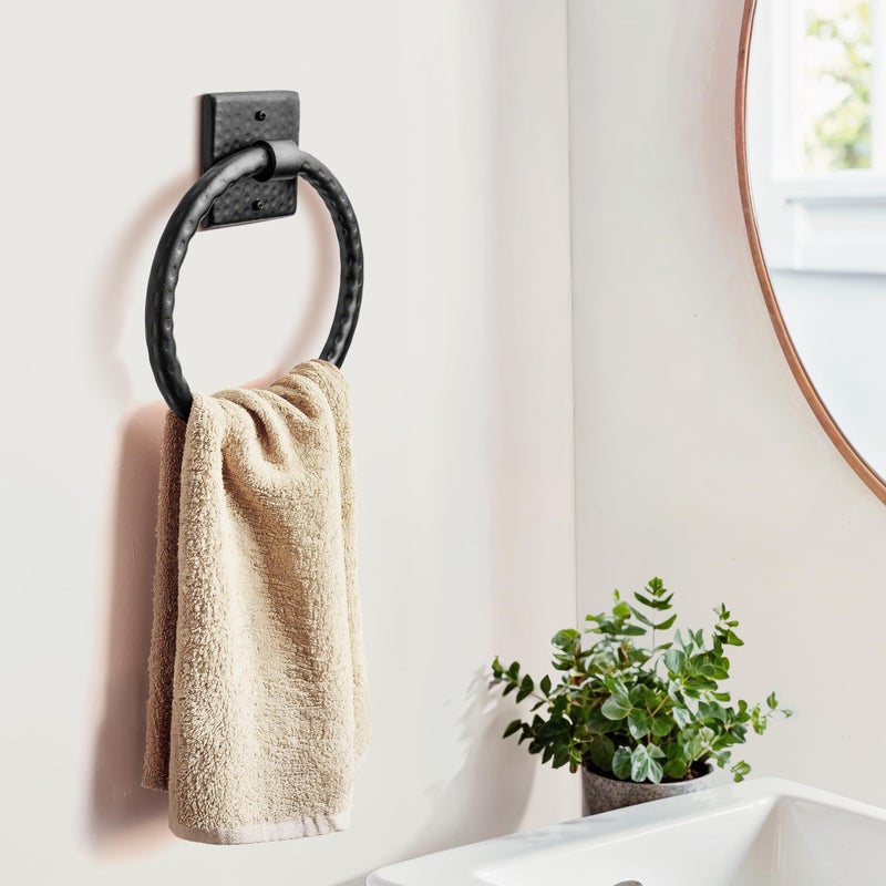 Monarch Abode Bathroom Towel Holder â€“ 7-Inch Round Matte Black Bathroom Hand Towel Holder for Bathrooms Wall, Metal Hand Hammered Towels Ring Wall Mount, Traditional Surface-Mounted Ring Hanger - Image 3